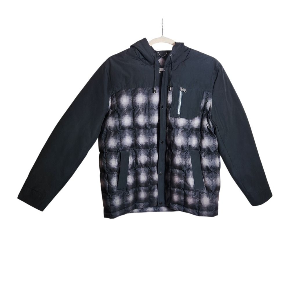 Pendleton Mens XL Hooded Down Puffer Jacket Plaid Quilted Mixed Media Black Gray